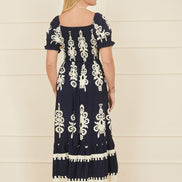 Yumi Navy Block Print Viscose Ruched Midi Dress