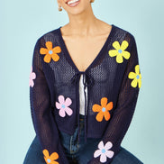Yumi Navy Tie Front Cardigan with Flower Design