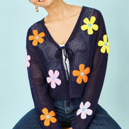 Yumi Navy Tie Front Cardigan with Flower Design