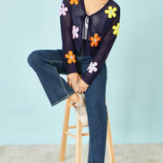 Yumi Navy Tie Front Cardigan with Flower Design