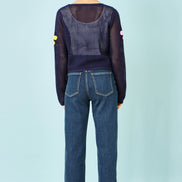 Yumi Navy Tie Front Cardigan with Flower Design