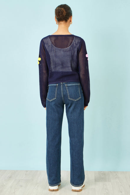 Yumi Navy Tie Front Cardigan with Flower Design