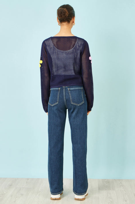 Yumi Navy Tie Front Cardigan With Flower Design
