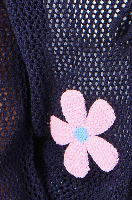 Yumi Navy Tie Front Cardigan with Flower Design
