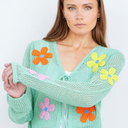 Yumi Mint Tie Front Cardigan with Flower Design