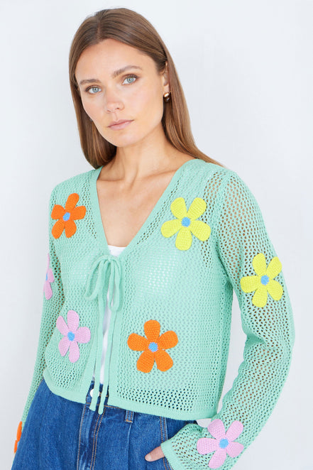 Yumi Mint Tie Front Cardigan with Flower Design