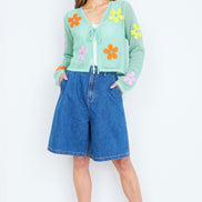 Yumi Mint Tie Front Cardigan with Flower Design