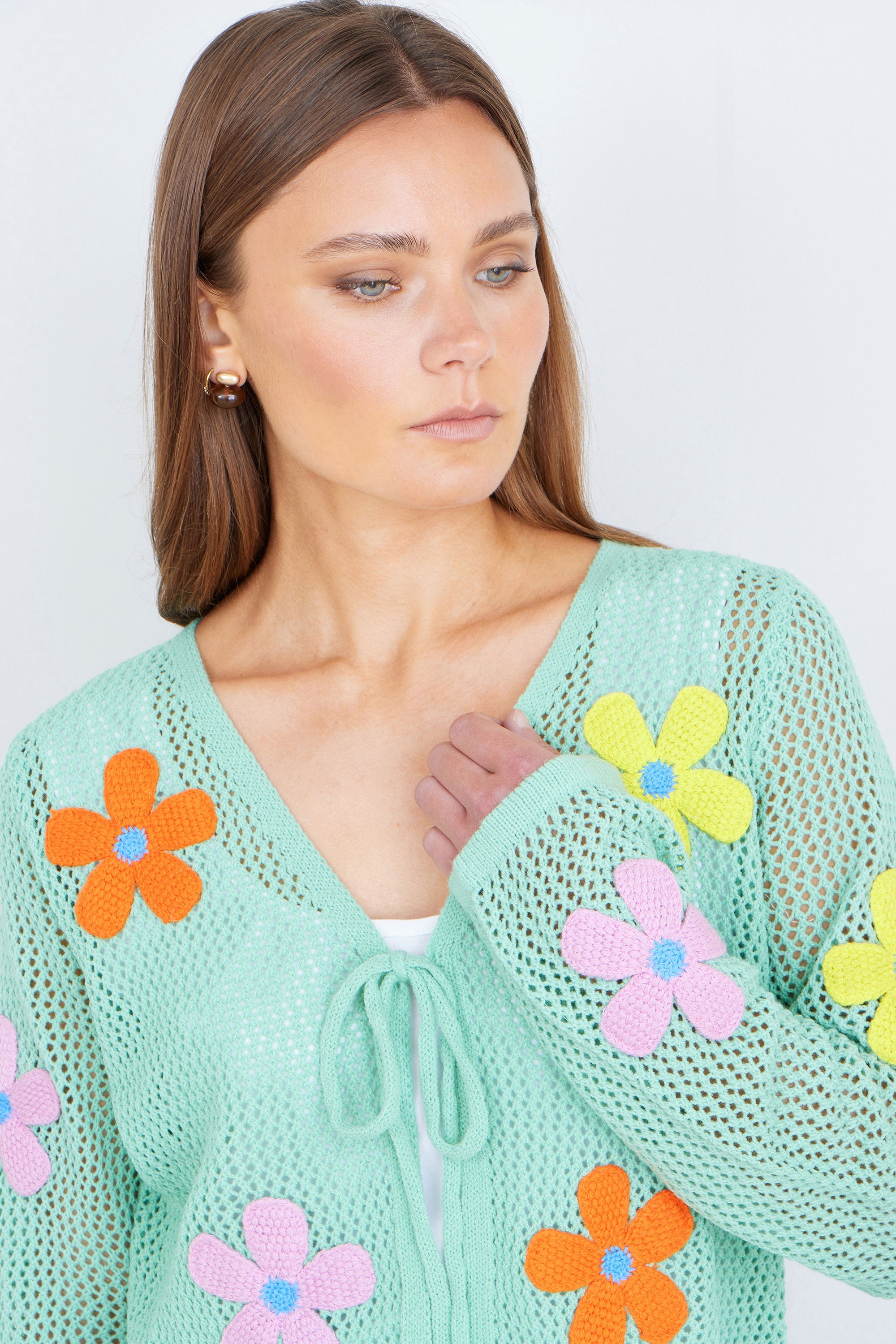Yumi Mint Tie Front Cardigan with Flower Design