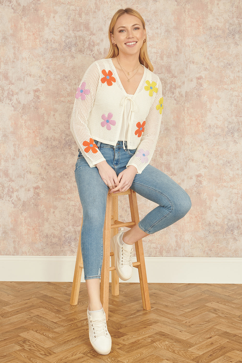 Yumi White Tie Front Cardigan with Flower Design