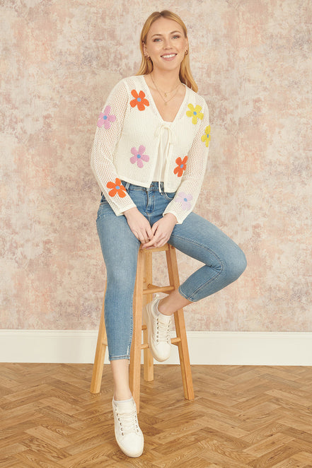 Yumi White Tie Front Cardigan with Flower Design