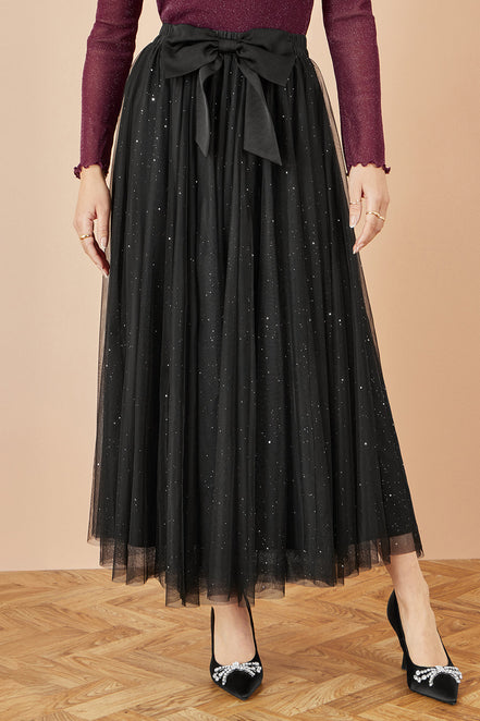 Yumi Black Sparkle Mesh Tulle Skirt with Satin Bow