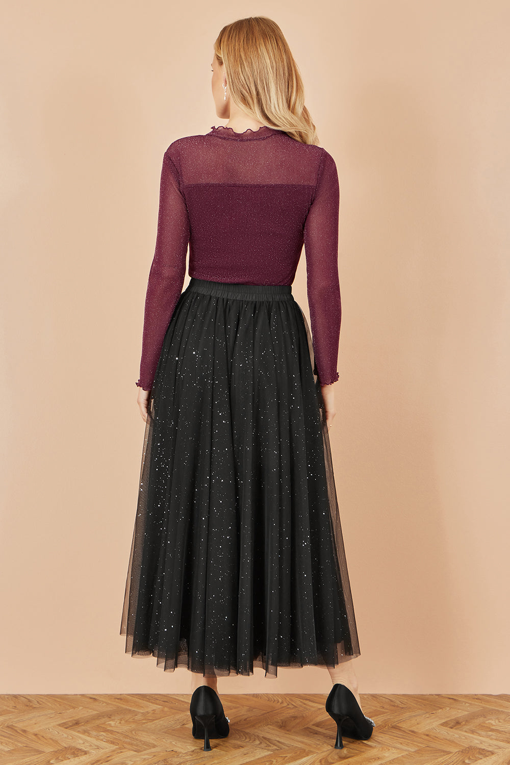 Yumi Black Sparkle Mesh Tulle Skirt with Satin Bow