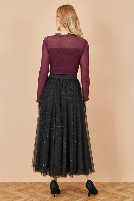 Yumi Black Sparkle Mesh Tulle Skirt with Satin Bow