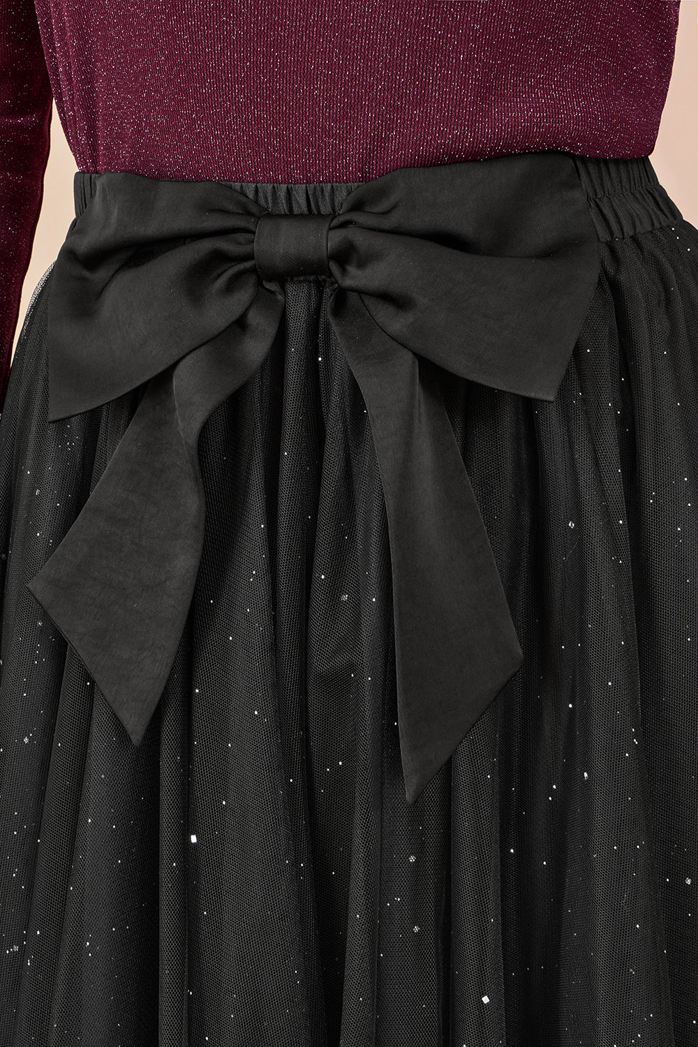 Yumi Black Sparkle Mesh Tulle Skirt with Satin Bow
