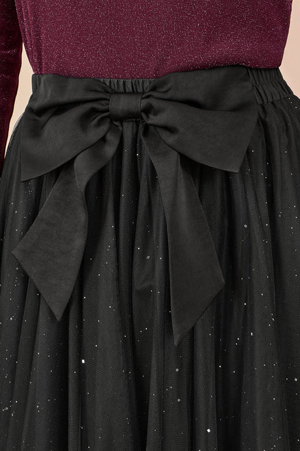 Yumi Black Sparkle Mesh Tulle Skirt with Satin Bow