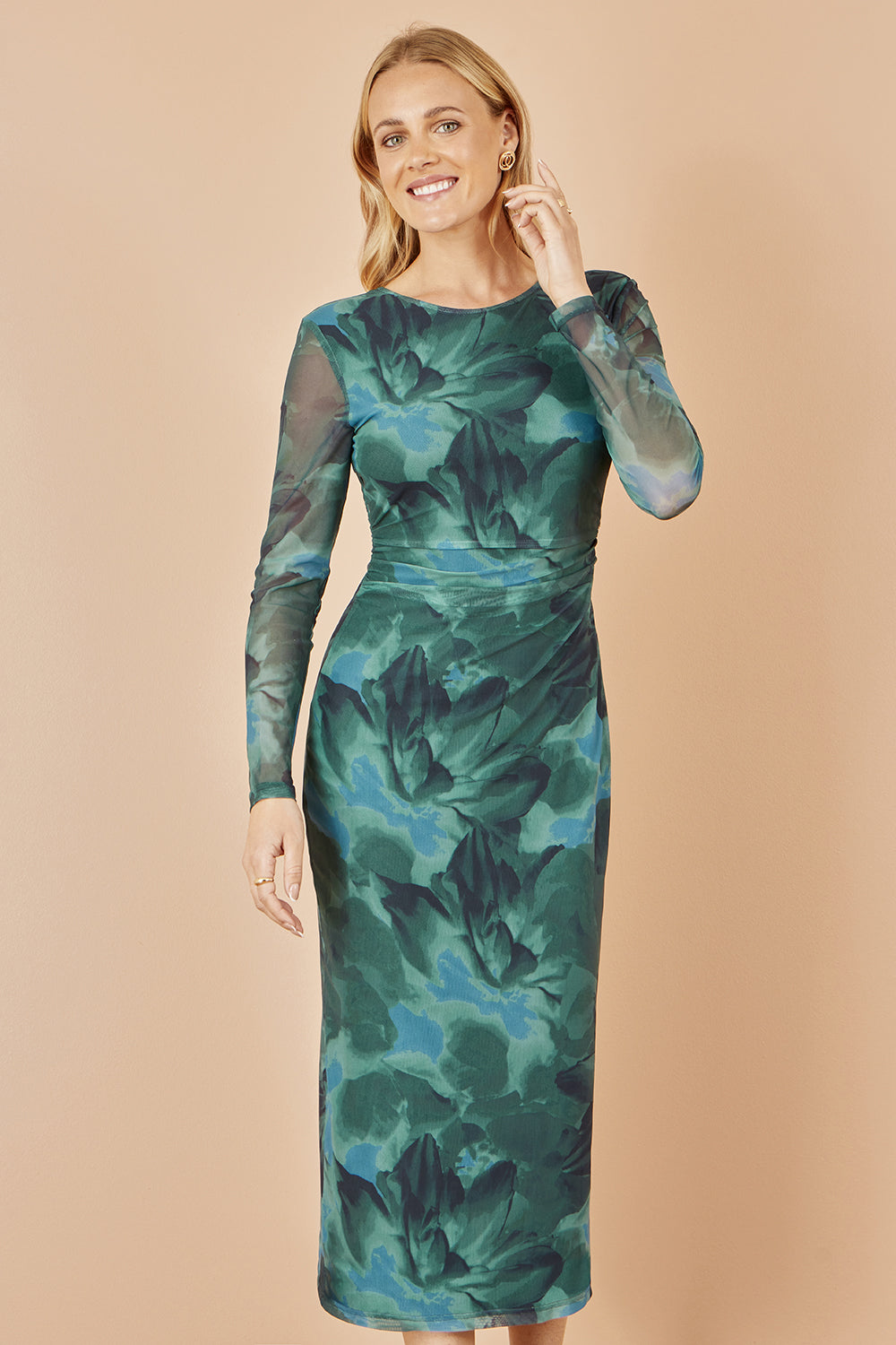 Yumi Green Floral Mesh Bodycon Dress with Tie Back