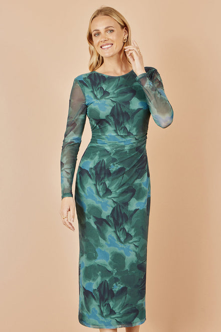 Yumi Green Floral Mesh Bodycon Dress with Tie Back