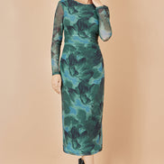 Yumi Green Floral Mesh Bodycon Dress with Tie Back