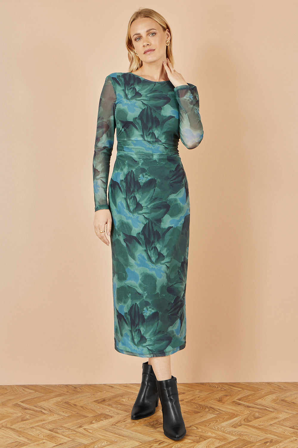 Yumi Green Floral Mesh Bodycon Dress with Tie Back