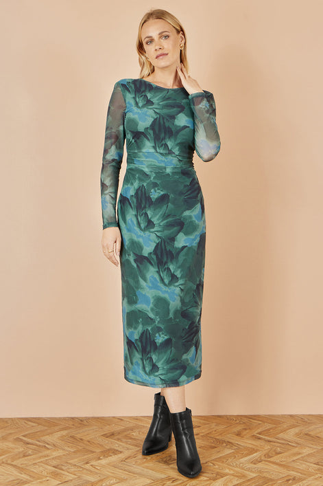 Yumi Green Floral Mesh Bodycon Dress With Tie Back