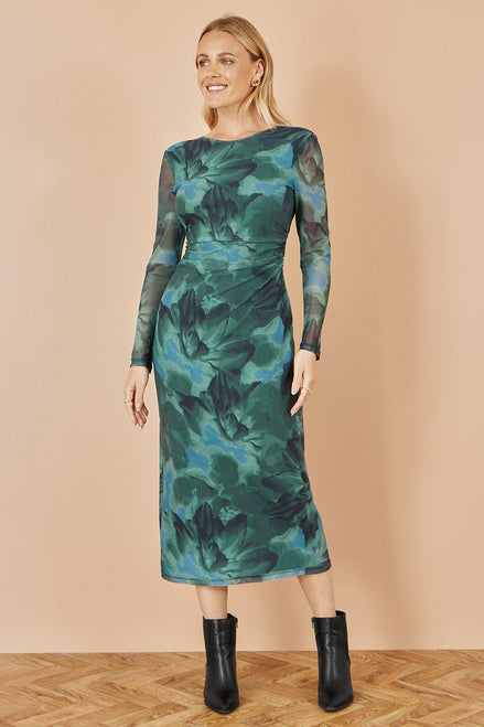 Yumi Green Floral Mesh Bodycon Dress with Tie Back