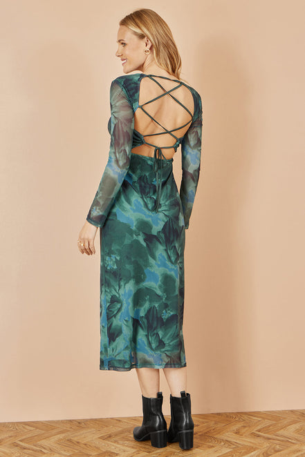 Yumi Green Floral Mesh Bodycon Dress with Tie Back