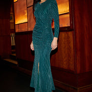 Yumi Green Mesh Fitted Ruched Midi Dress with Long Sleeves