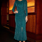 Yumi Green Mesh Fitted Ruched Midi Dress with Long Sleeves