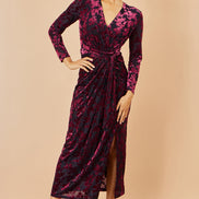 Yumi Burgundy Velour Stretch Midi Dress with Long Sleeves