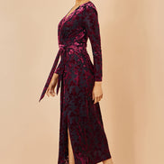 Yumi Burgundy Velour Stretch Midi Dress with Long Sleeves