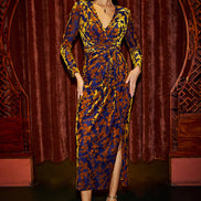 Yumi Navy Velour Stretch Midi Dress with Long Sleeves