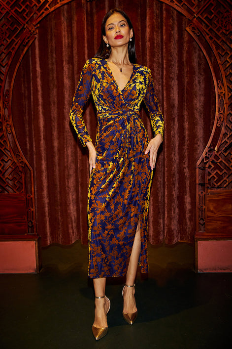 Yumi Navy Velour Stretch Midi Dress With Long Sleeves