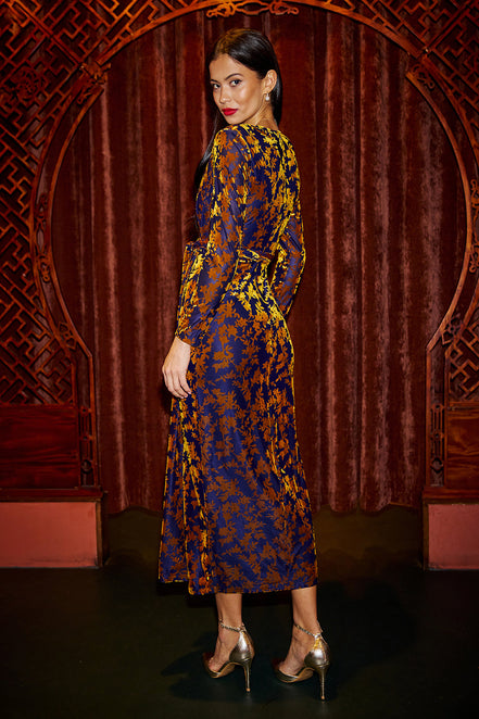 Yumi Navy Velour Stretch Midi Dress with Long Sleeves