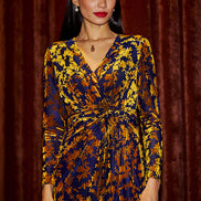 Yumi Navy Velour Stretch Midi Dress with Long Sleeves