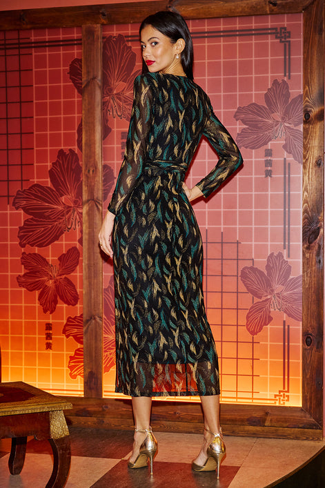 Yumi Black Metallic Sparkle Mesh Wrap Midi Dress