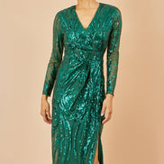 Yumi Green Sequin Midi Wrap Dress with Split Hemline and Long Sleeves