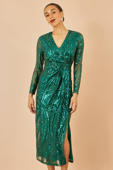 Yumi Green Sequin Midi Wrap Dress with Split Hemline and Long Sleeves