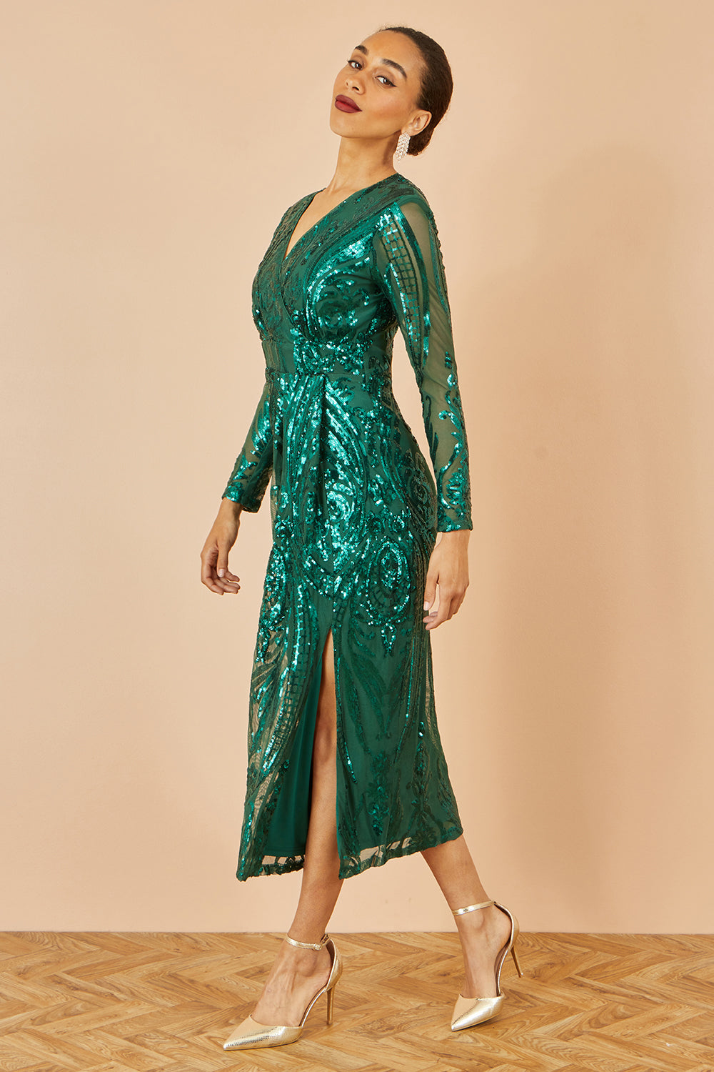 Yumi Green Sequin Midi Wrap Dress with Split Hemline and Long Sleeves