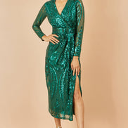 Yumi Green Sequin Midi Wrap Dress with Split Hemline and Long Sleeves