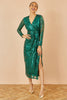 Yumi Green Sequin Midi Wrap Dress With Split Hemline And Long Sleeves