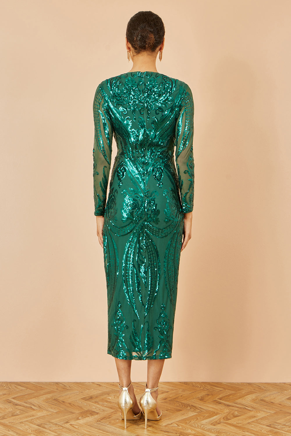 Yumi Green Sequin Midi Wrap Dress with Split Hemline and Long Sleeves