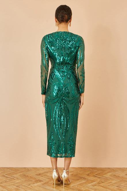 Yumi Green Sequin Midi Wrap Dress with Split Hemline and Long Sleeves