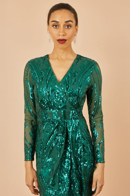 Yumi Green Sequin Midi Wrap Dress with Split Hemline and Long Sleeves