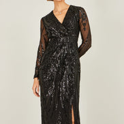 Yumi Black Sequin Midi Wrap Dress with Split Hemline and Long Sleeves