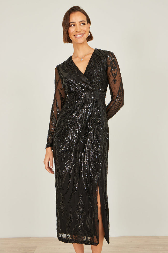 Yumi Black Sequin Midi Wrap Dress with Split Hemline and Long Sleeves
