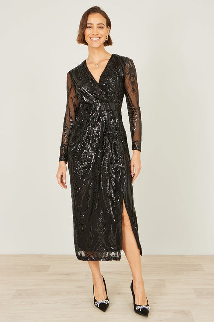 Yumi Black Sequin Midi Wrap Dress with Split Hemline and Long Sleeves