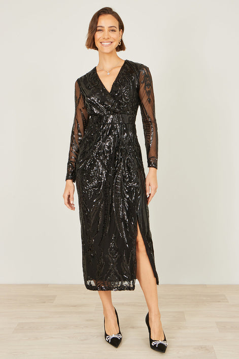 Yumi Black Sequin Midi Wrap Dress With Split Hemline And Long Sleeves