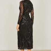 Yumi Black Sequin Midi Wrap Dress with Split Hemline and Long Sleeves