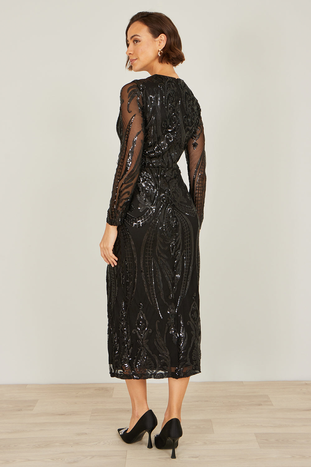 Yumi Black Sequin Midi Wrap Dress with Split Hemline and Long Sleeves