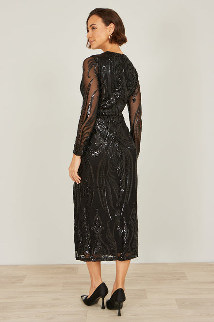 Yumi Black Sequin Midi Wrap Dress with Split Hemline and Long Sleeves